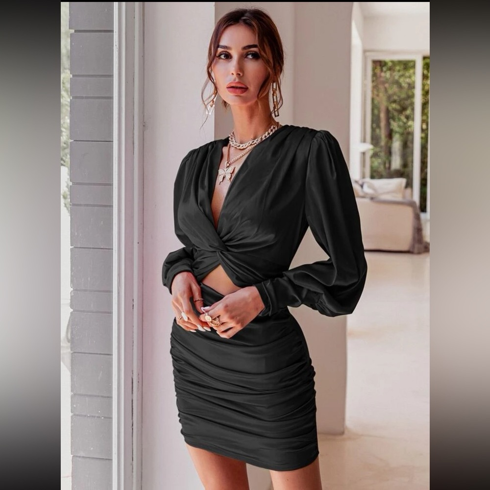 Never Worn Satin Black Twist Front Ruched Satin Dress Size S